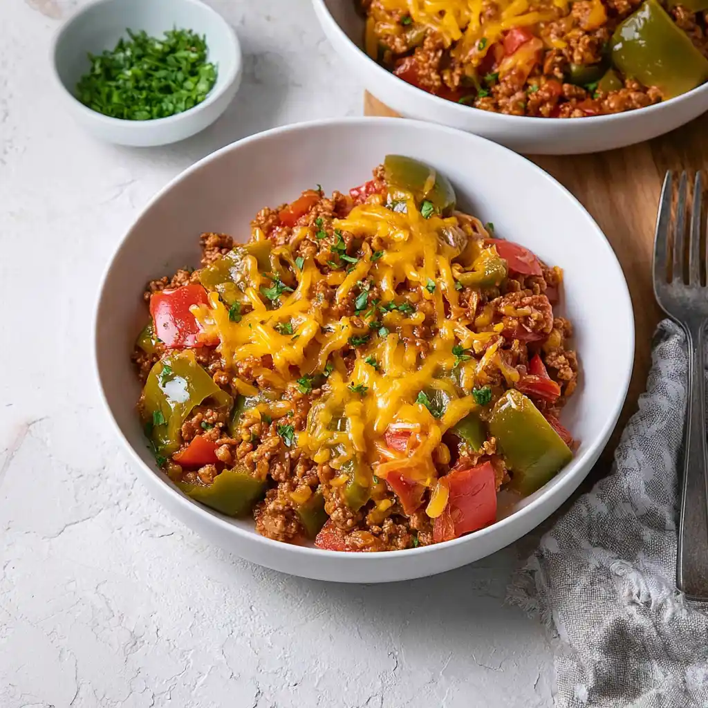 Delicious unstuffed peppers dish with colorful bell peppers and hearty filling.