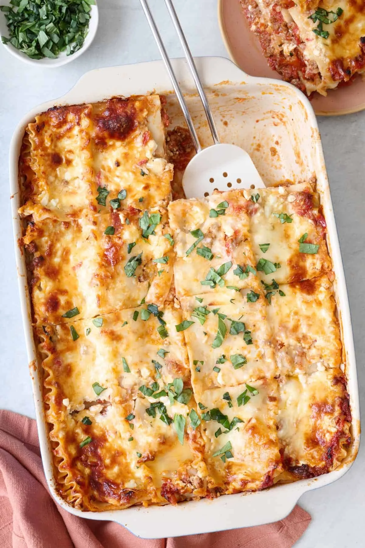 Delicious lasagna with cottage cheese layered with marinara and mozzarella