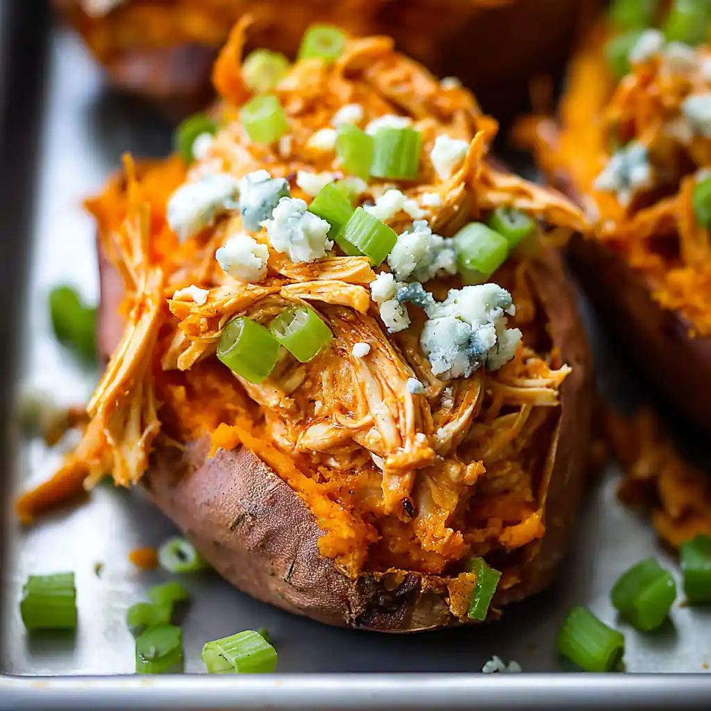 Buffalo Chicken Stuffed Sweet Potatoes
