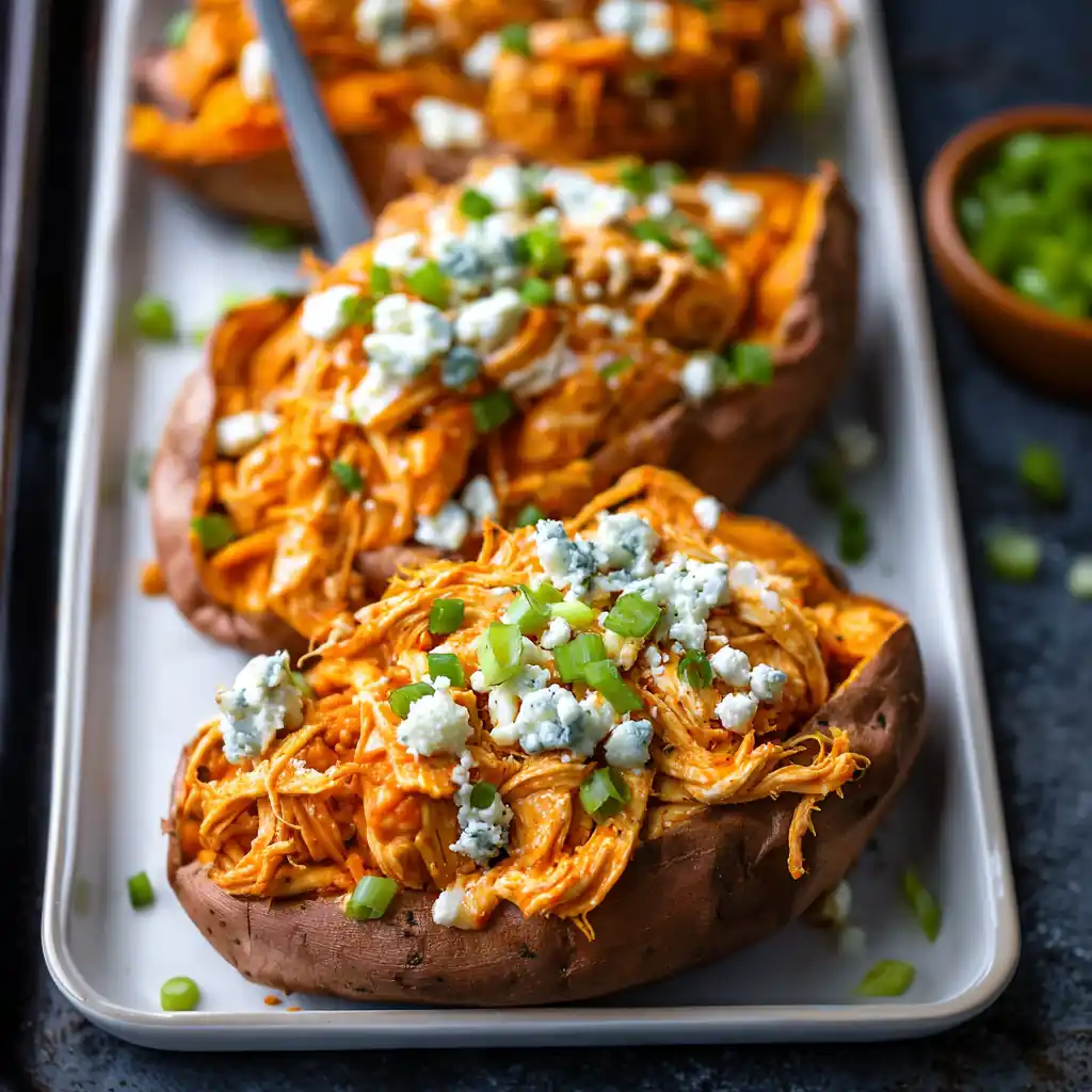 Buffalo Chicken Stuffed Sweet Potatoes