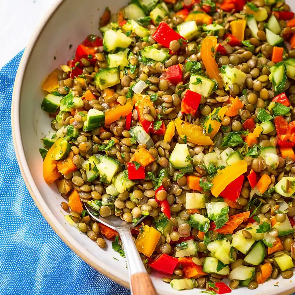 French Lentil Salad With Cucumber, Bell Pepper, And Fresh Herbs