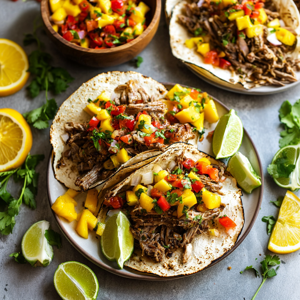 Slow cooker jerk chicken tacos topped with fresh ingredients