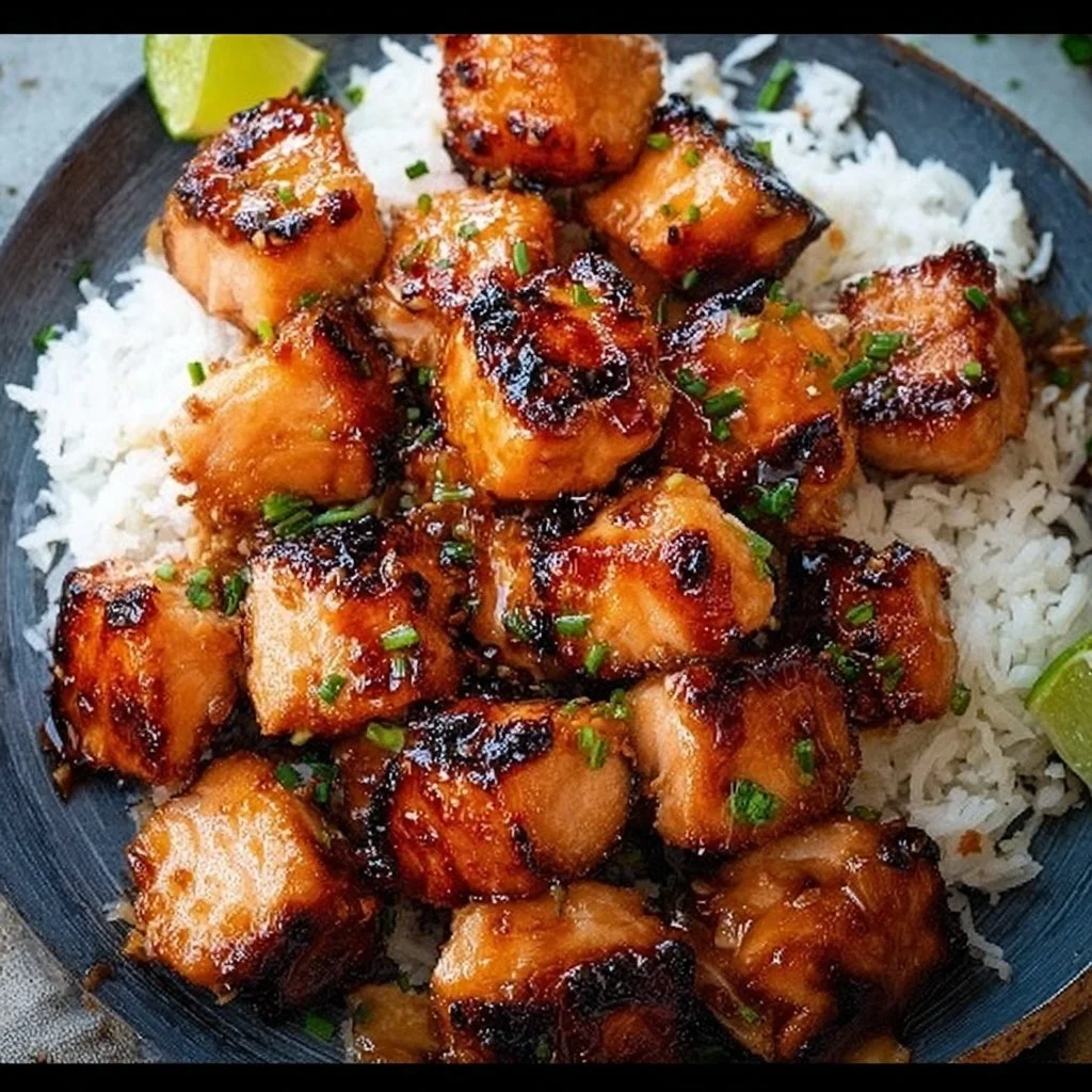 Crispy Air Fryer Bang Bang Salmon Bites garnished and ready to eat
