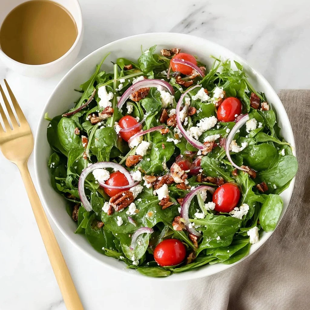 Fresh Arugula and Spinach Salad with vibrant vegetables and dressing