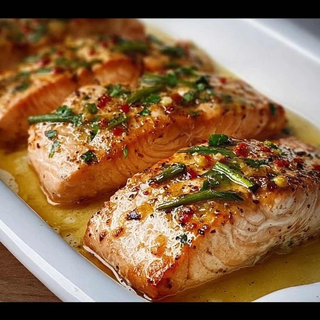 Delicious baked salmon fillet with herbs and lemon on a plate