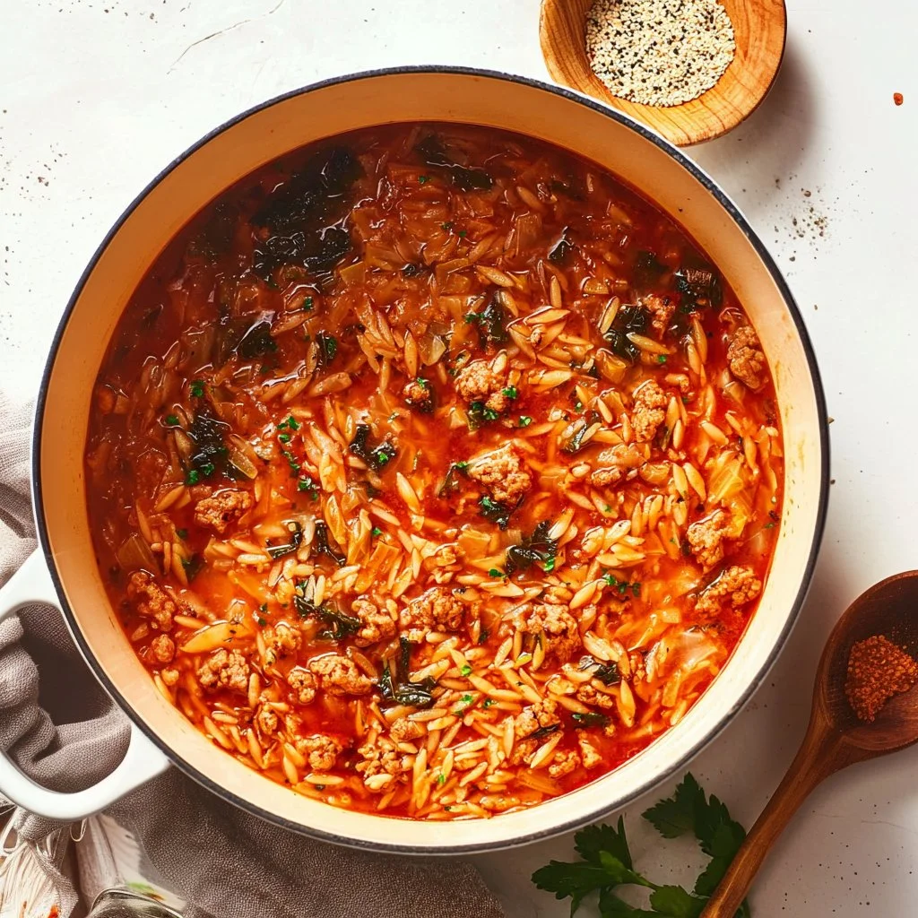 Bowl of cabbage, sausage, and orzo soup garnished with fresh herbs