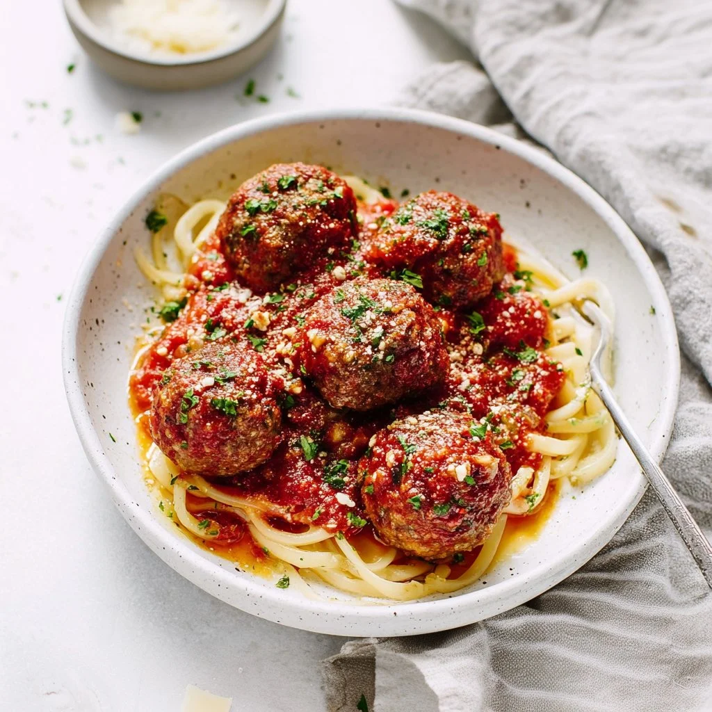 Plate of classic tender and juicy Italian meatballs served with pasta.