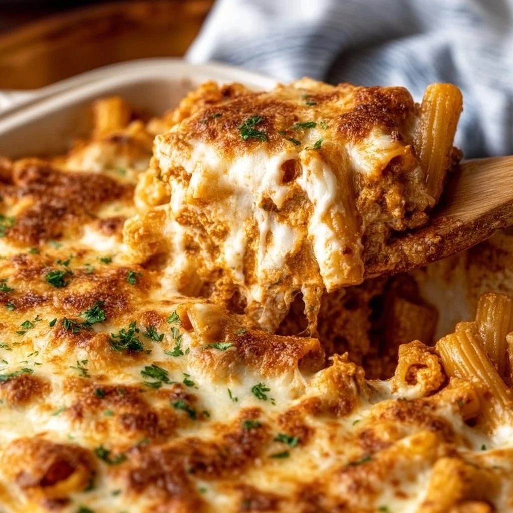 Creamy cheesy baked ziti dish with melted cheese and pasta