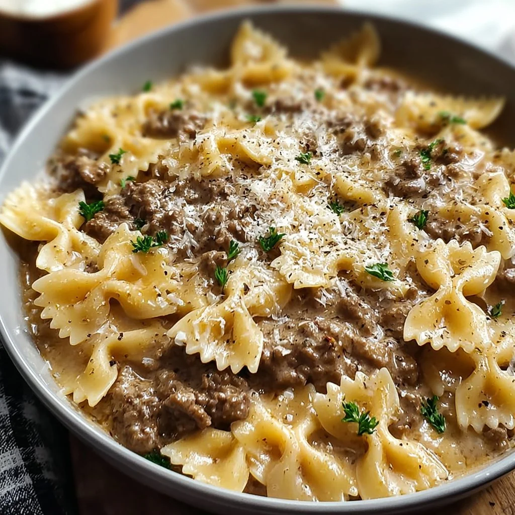 Creamy Parmesan garlic beef bowtie pasta served in a bowl