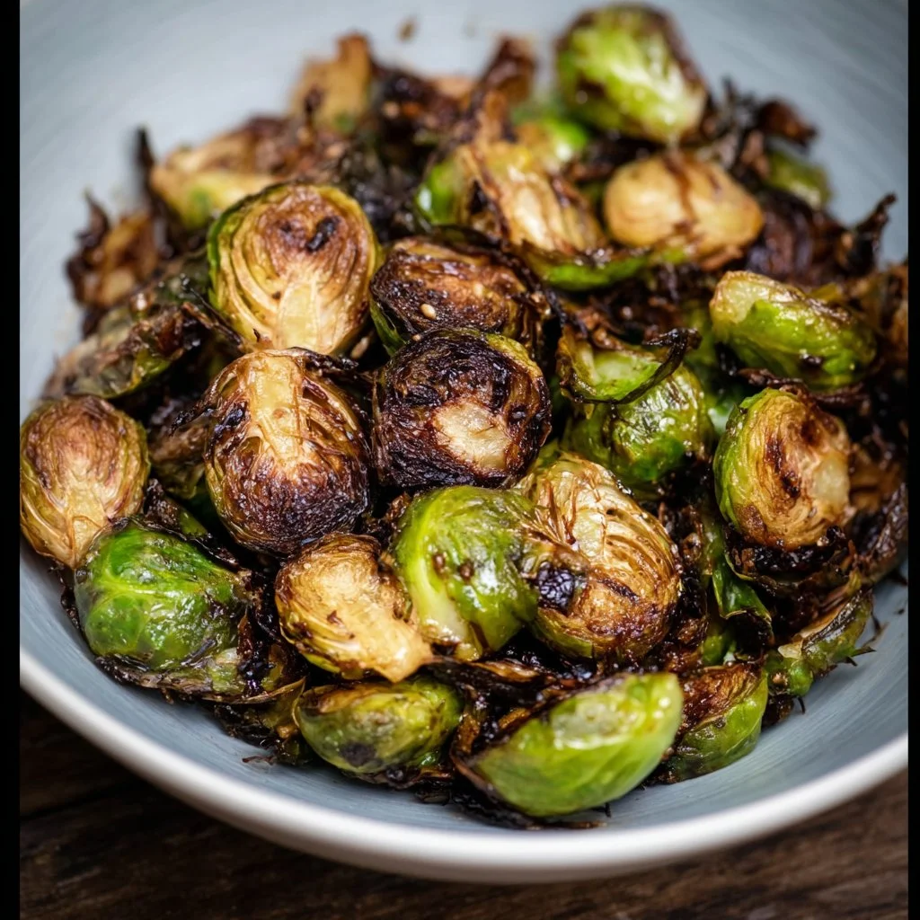 Crispy air fryer roasted Brussels sprouts drizzled with balsamic glaze
