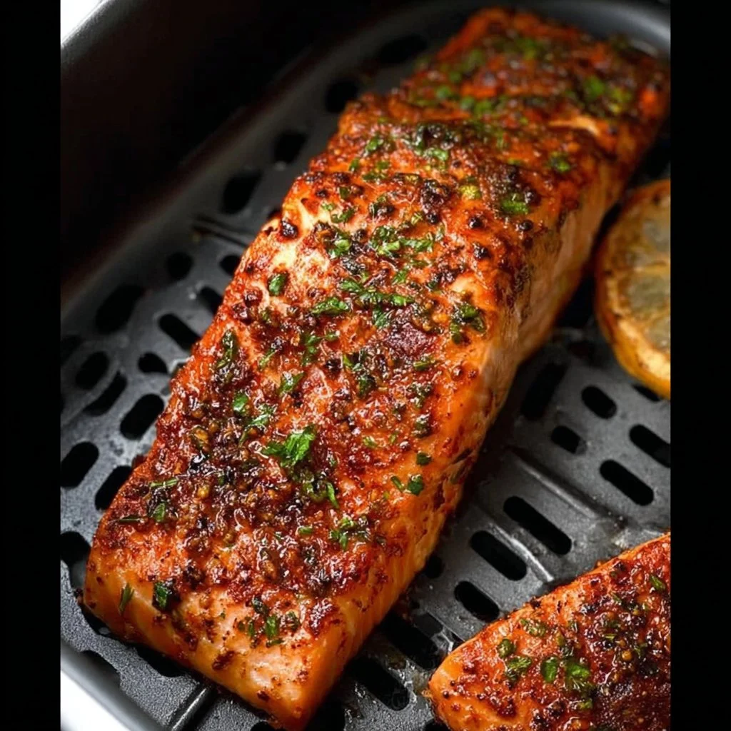 Perfectly cooked air fryer salmon fillet on a plate with herbs
