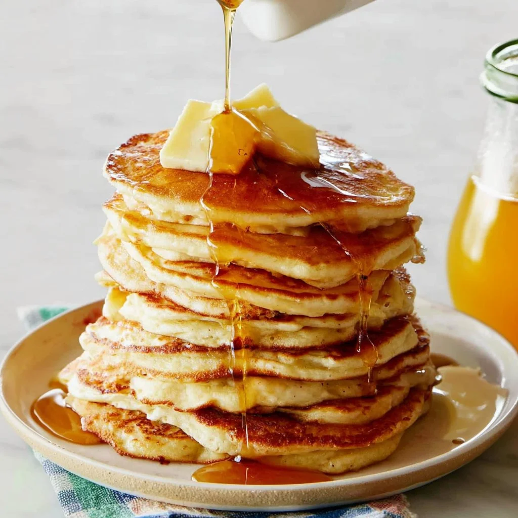 Stack of fluffy pancakes with syrup and berries on a plate