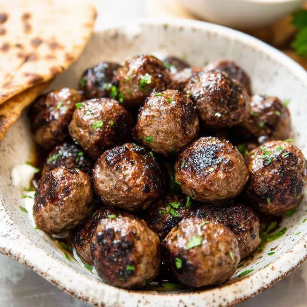 Delicious homemade Greek meatballs served with tzatziki and fresh herbs.