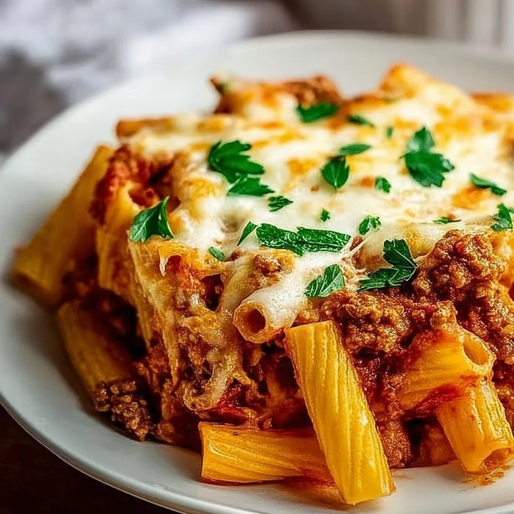 Italian Rigatoni Bake served in a dish, showcasing cheesy pasta and herbs