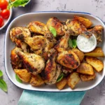 Juicy baked chicken pieces served on a plate with herbs and spices