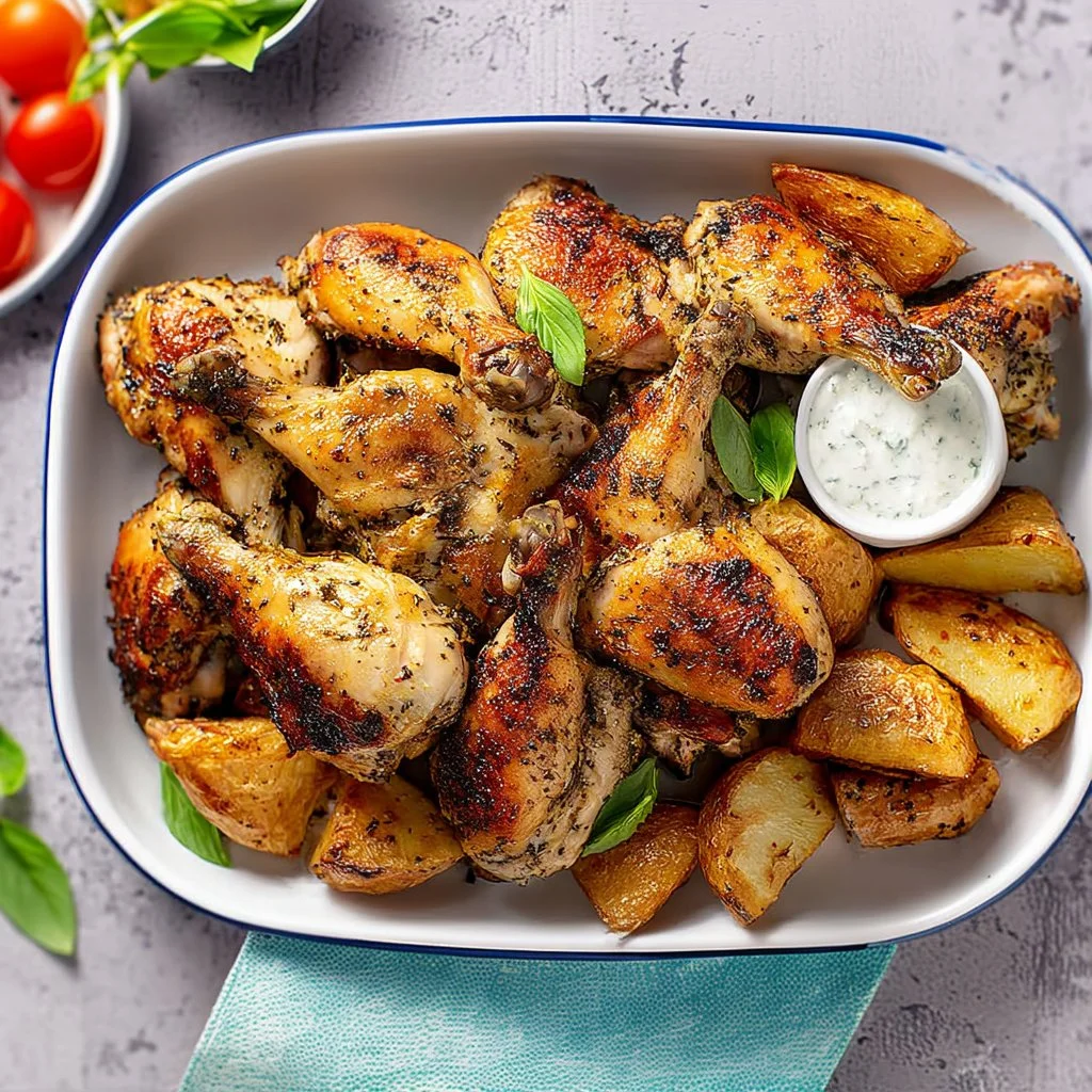 Juicy baked chicken pieces served on a plate with herbs and spices