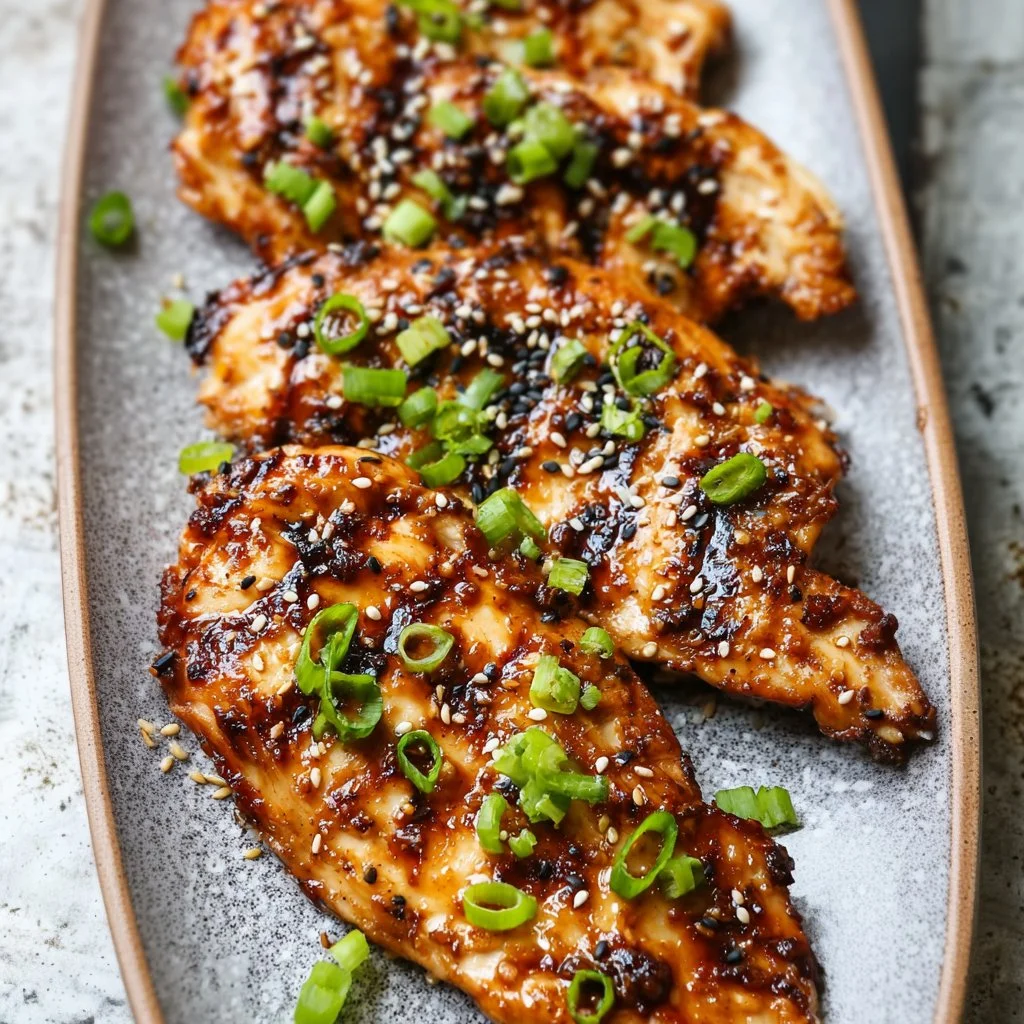 Korean grilled chicken breast garnished with herbs and sesame seeds
