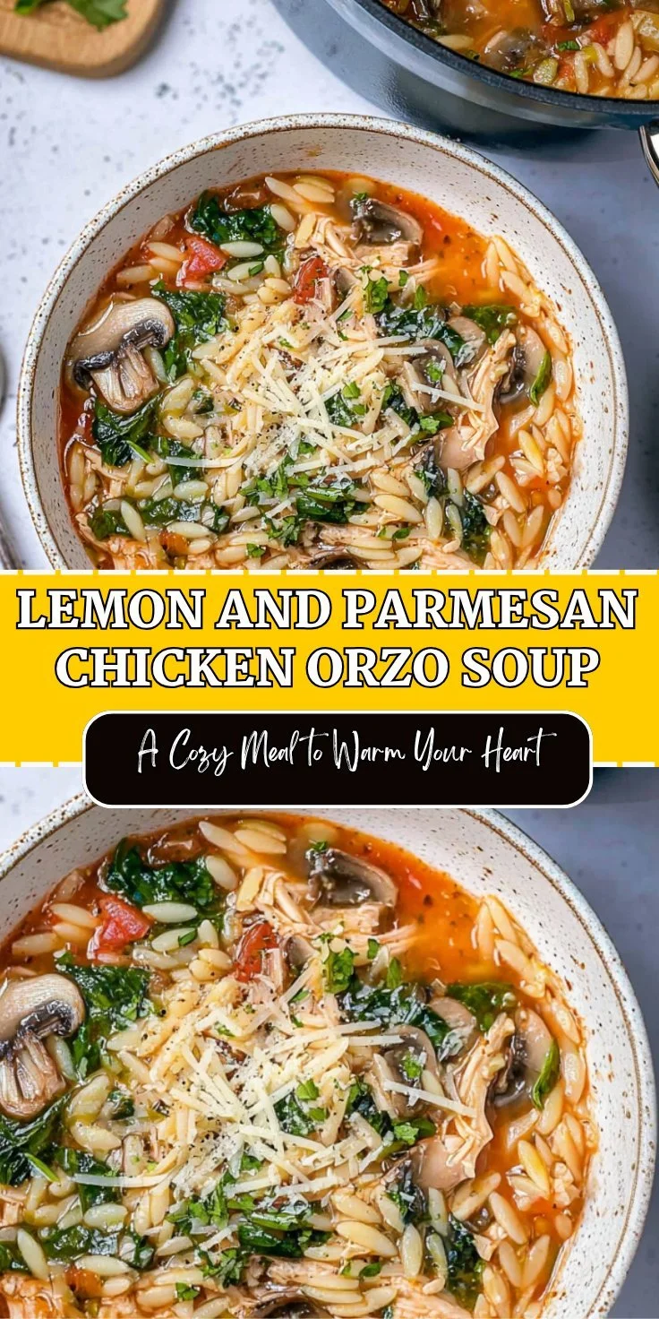 Bowl of lemon and Parmesan chicken orzo soup garnished with herbs