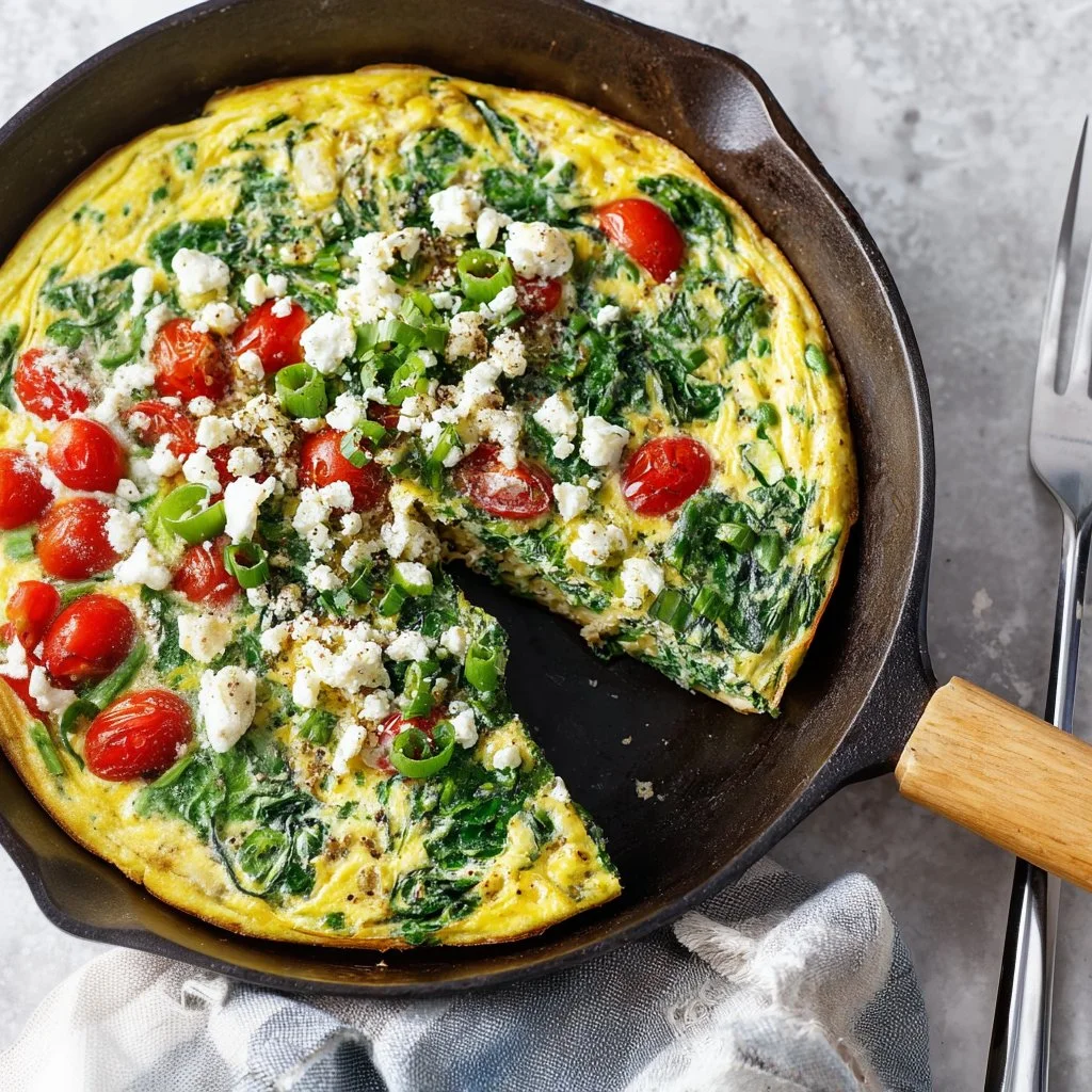 Lighter spinach frittata served on a plate with fresh herbs.