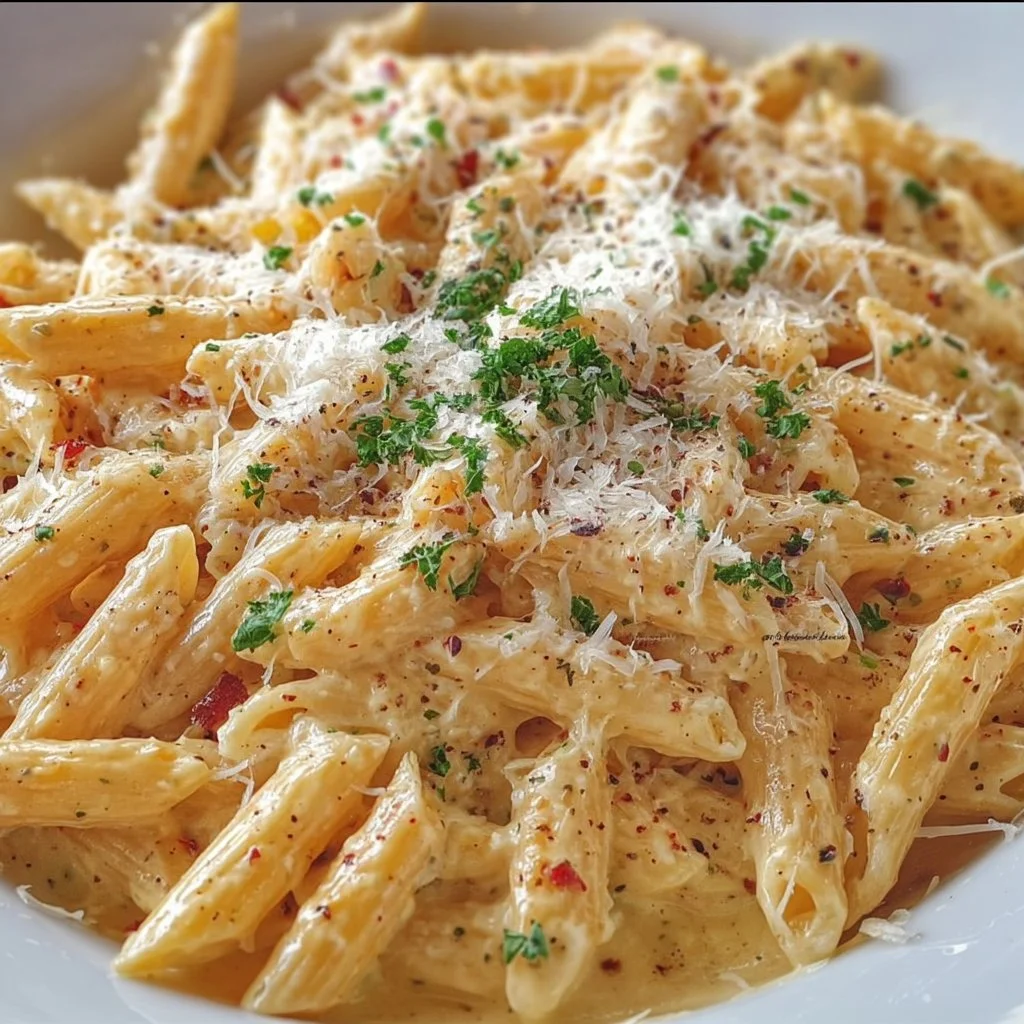 One Pot Creamy Garlic Pasta served in a bowl with herbs and Parmesan cheese