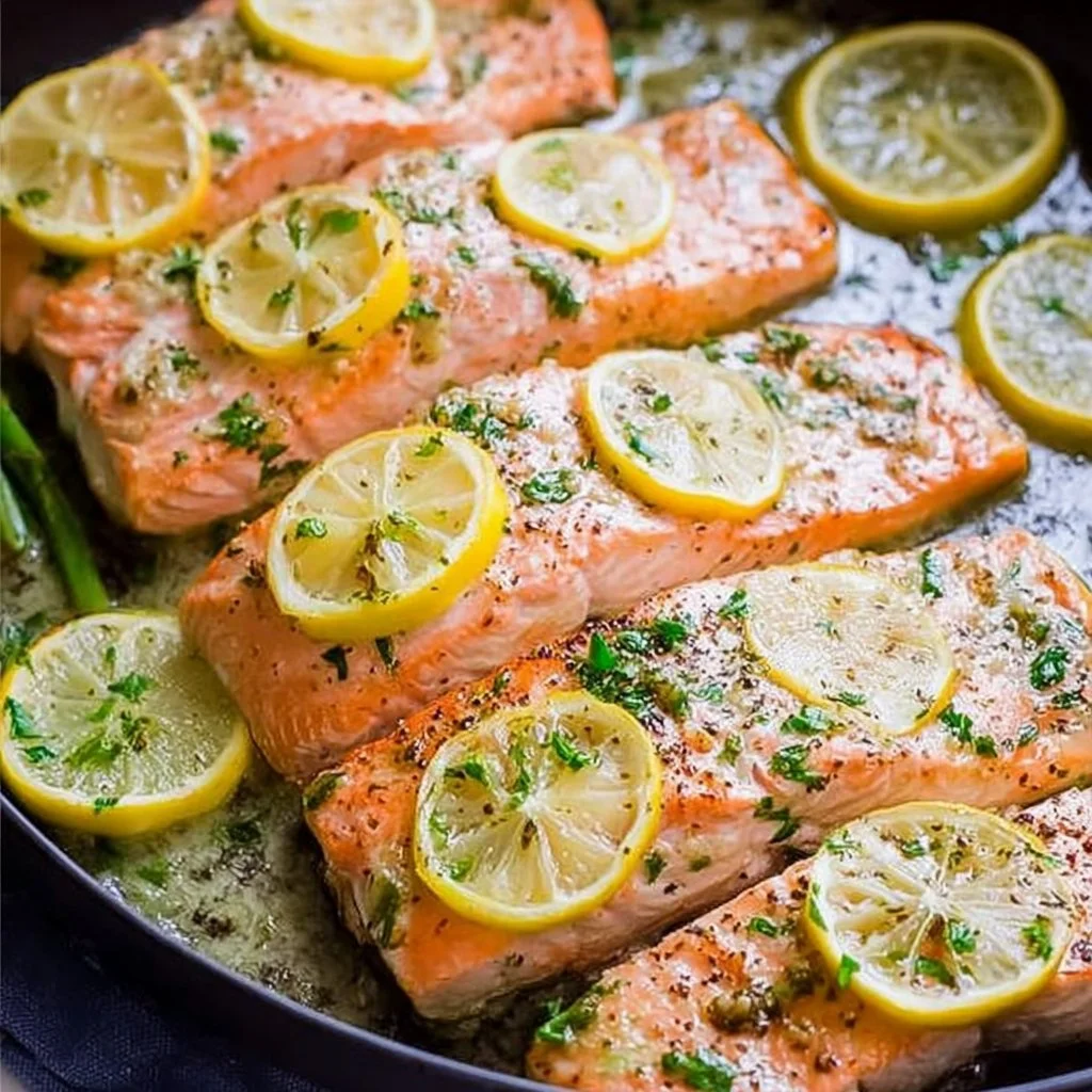 Delicious oven roasted salmon garnished with herbs on a plate.
