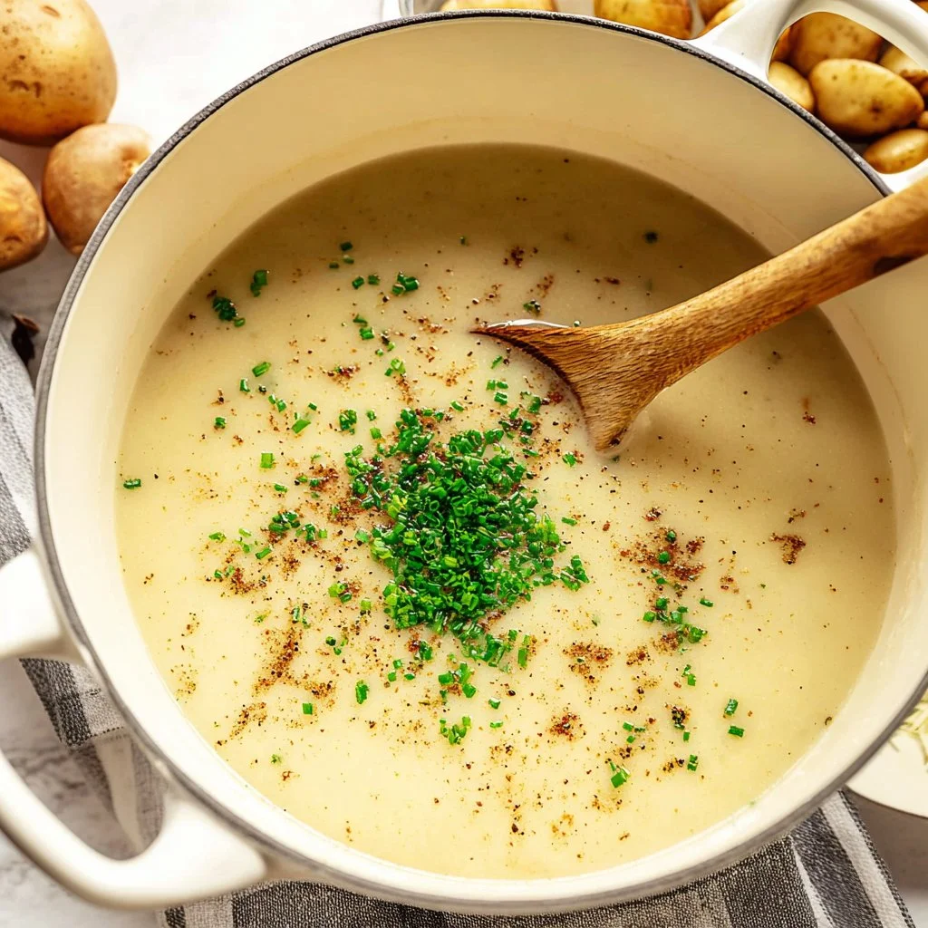 Bowl of creamy Potato Leek Soup garnished with fresh herbs