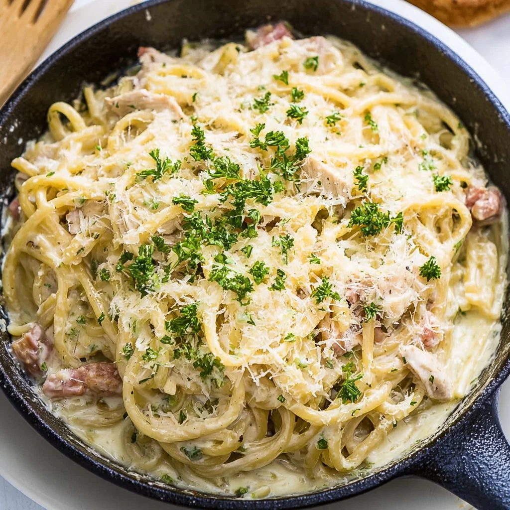 Delicious plate of Rotisserie Chicken Alfredo with creamy sauce and pasta