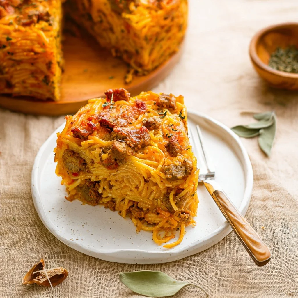 Baked spaghetti pie with cheese and herbs garnished on a plate