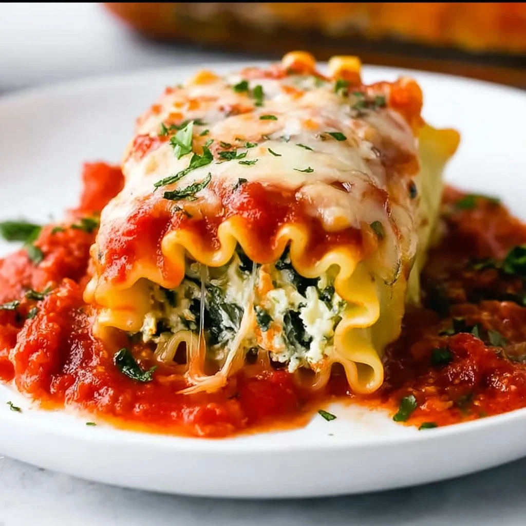 Spinach Lasagna Rolls served on a plate, showcasing layers of pasta, spinach, and cheese.