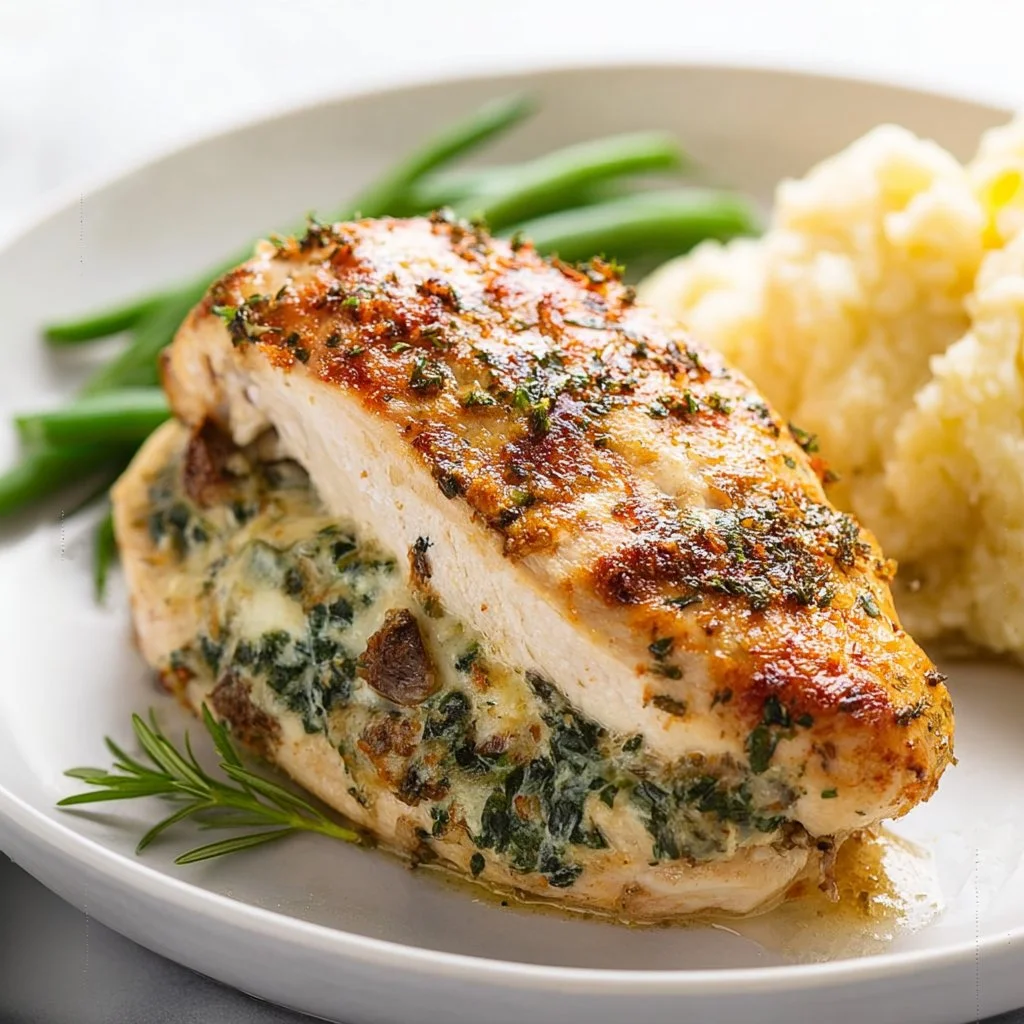 Delicious stuffed chicken breast recipe with herbs and cheese, perfect for family dinners.