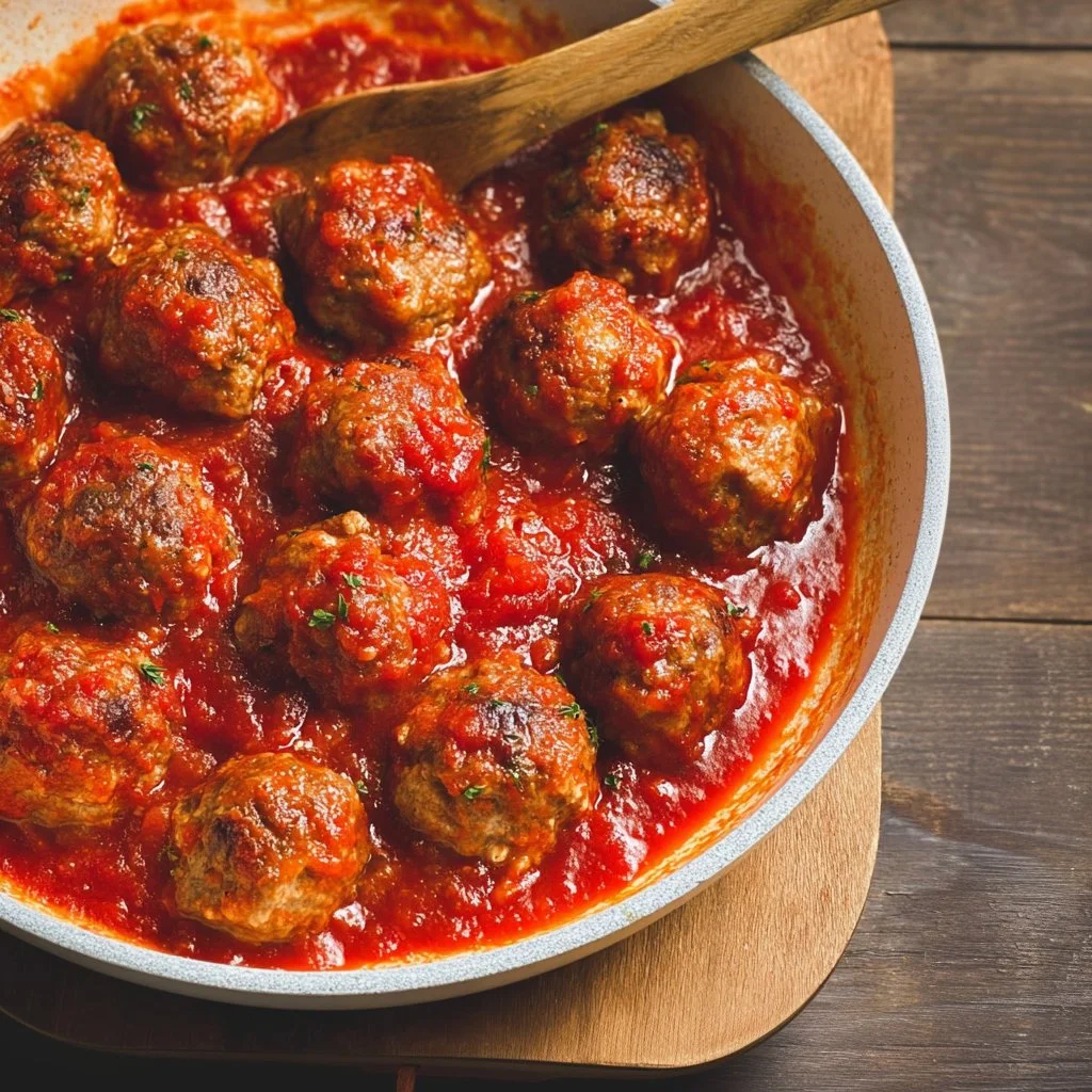 Homemade turkey meatballs served with marinara sauce and spaghetti