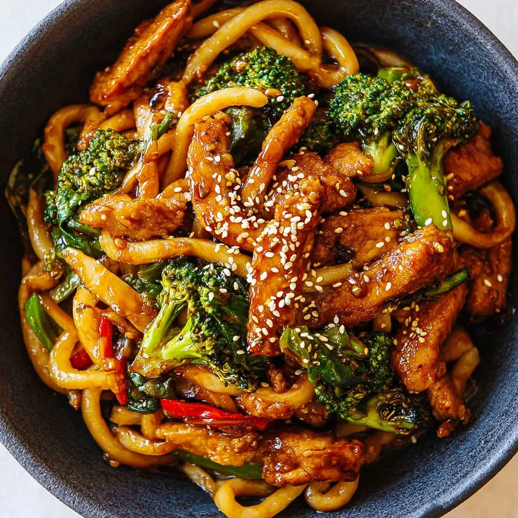 15-minute vegan teriyaki chicken udon noodles in a bowl with vegetables.