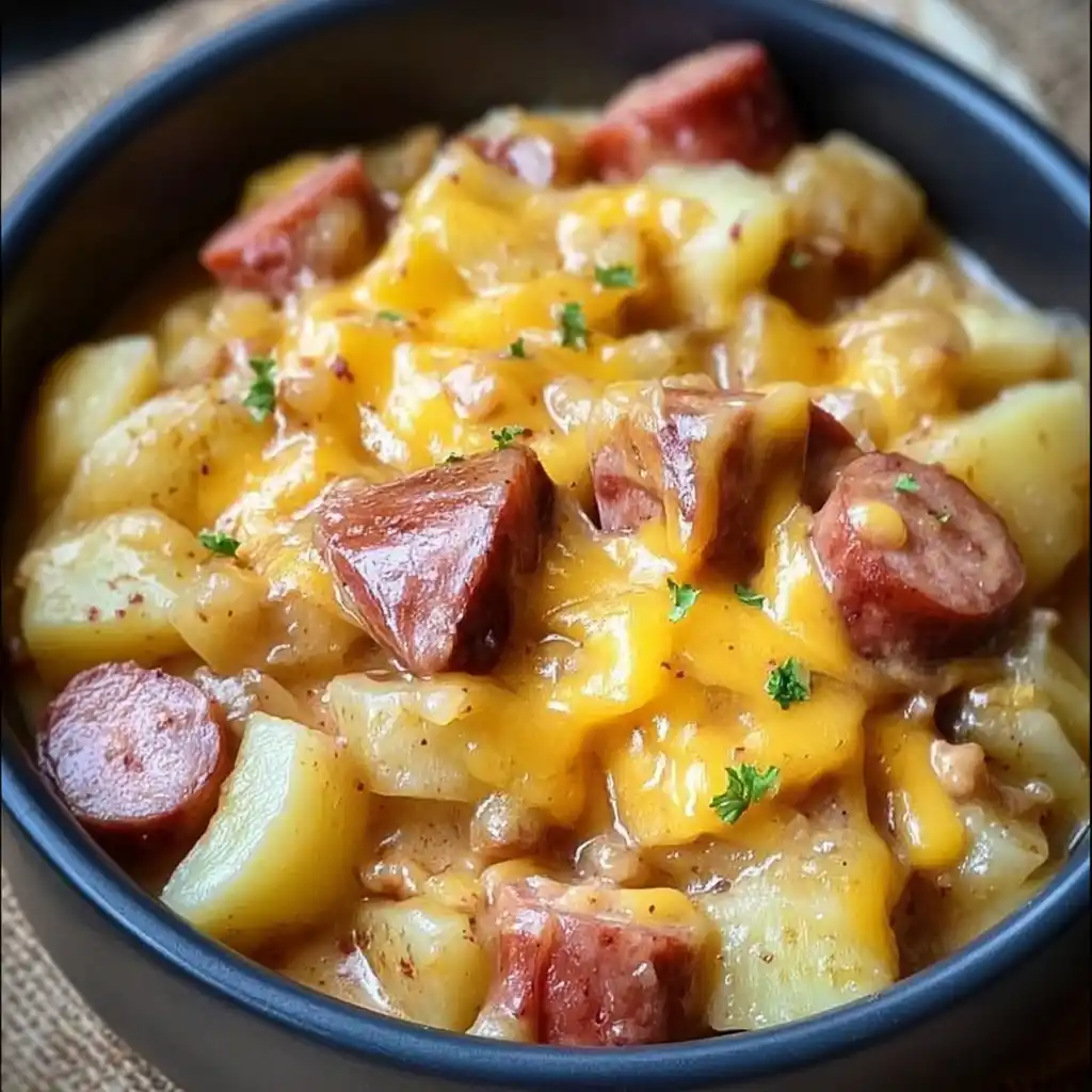 Crockpot Cheesy Potatoes And Kielbasa Dish Served In A Bowl