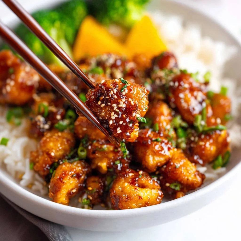 Crispy Air Fryer Orange Chicken served with a side of rice and vegetables.