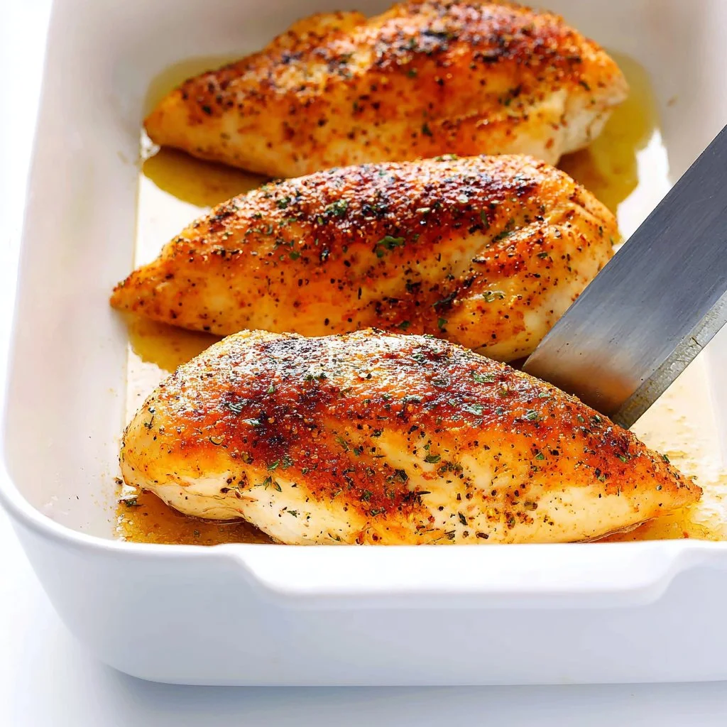 Juicy baked chicken breast served with fresh vegetables on a plate