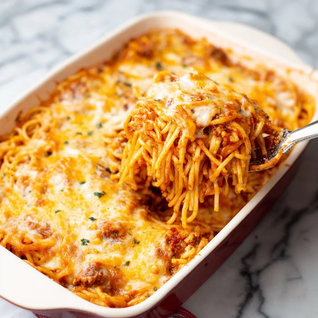 Delicious baked spaghetti topped with melted cheese and herbs