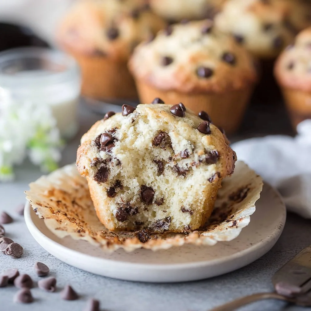 Freshly baked bakery style chocolate chip muffins on a cooling rack.