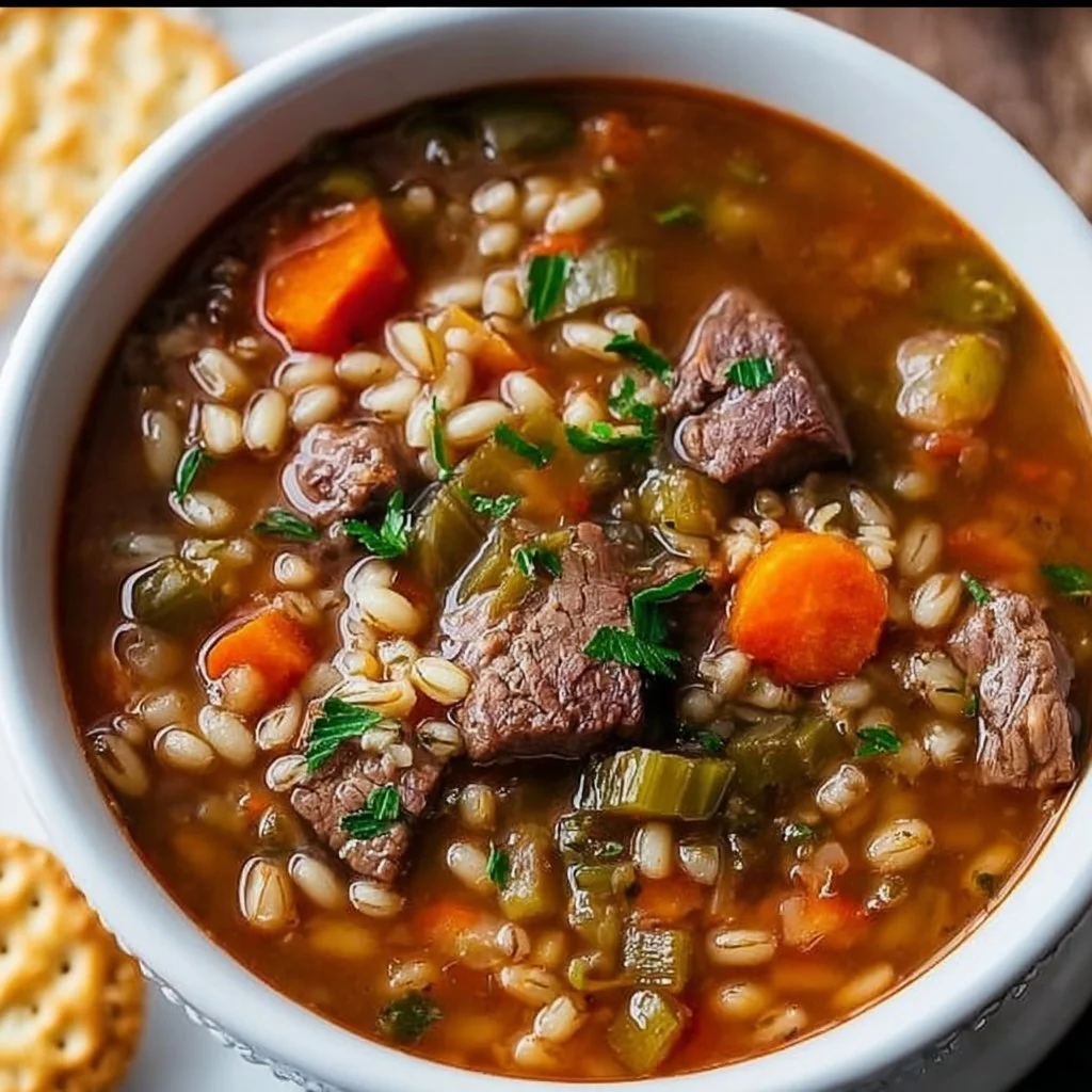 Bowl of hearty Beef Barley Vegetable Soup with fresh vegetables and herbs