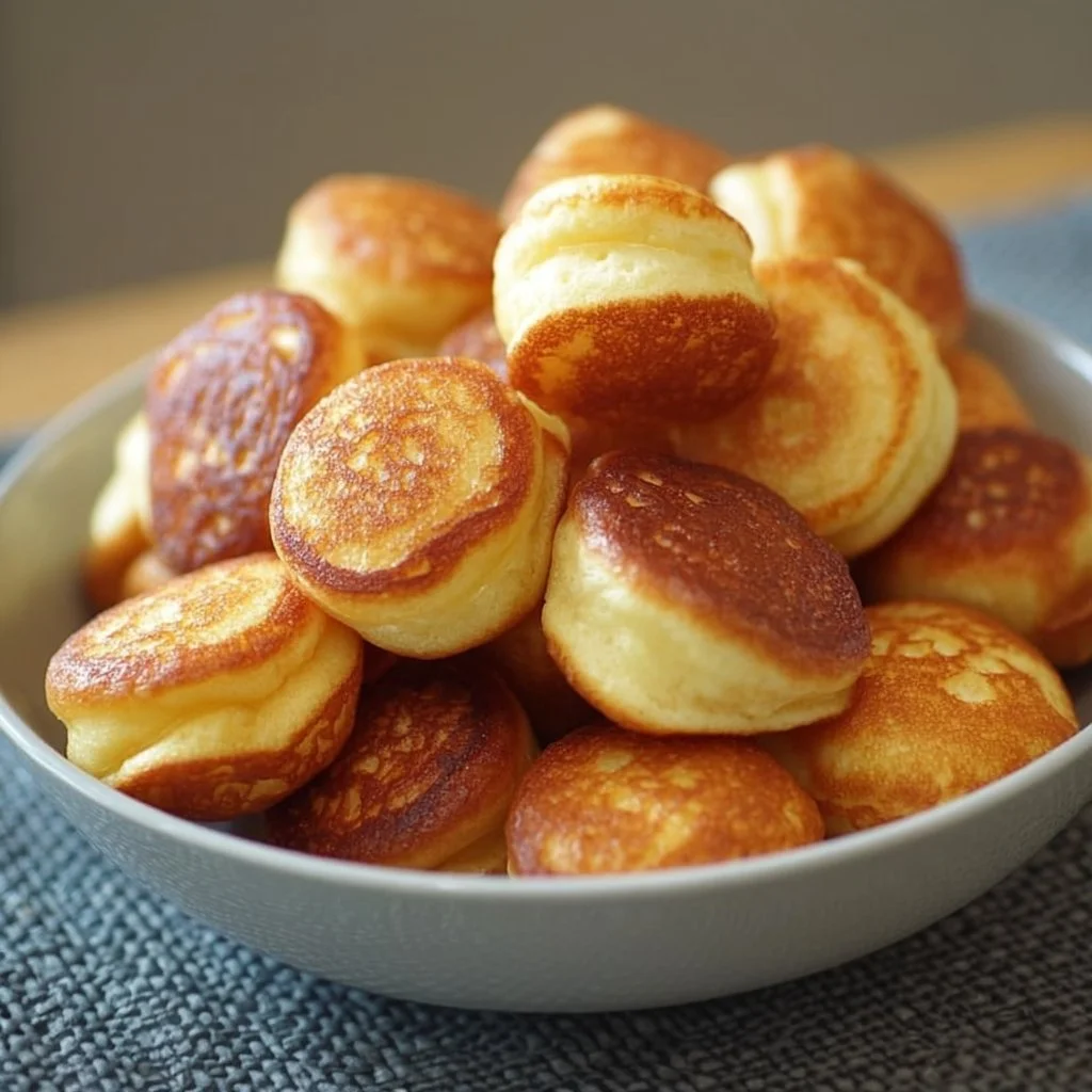 Delicious breakfast pancake poppers served with syrup and fruit