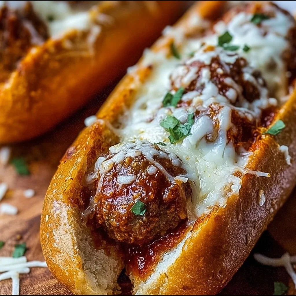 Delicious cheesy meatball subs topped with marinara and melted cheese