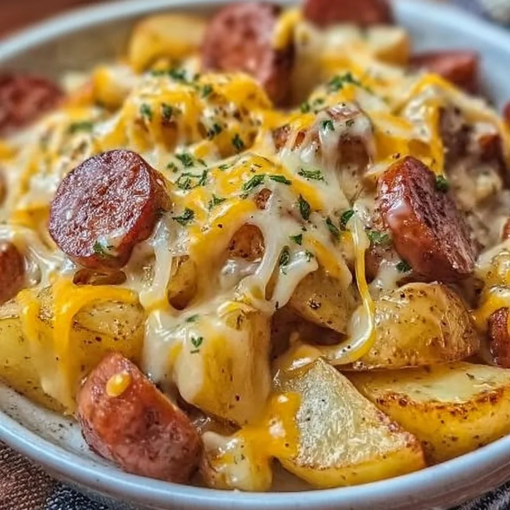 Cheesy Ranch Potatoes with Smoked Sausage served in a rustic bowl.