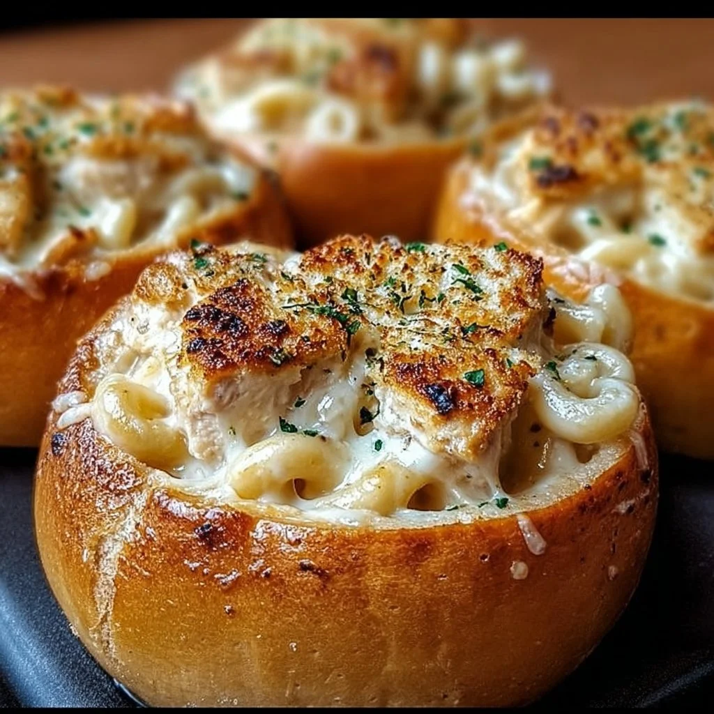 Chicken Alfredo Garlic Bread Bowls with creamy sauce and tender chicken