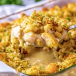 Delicious Chicken and Stuffing Casserole baked to perfection with herbs and spices.