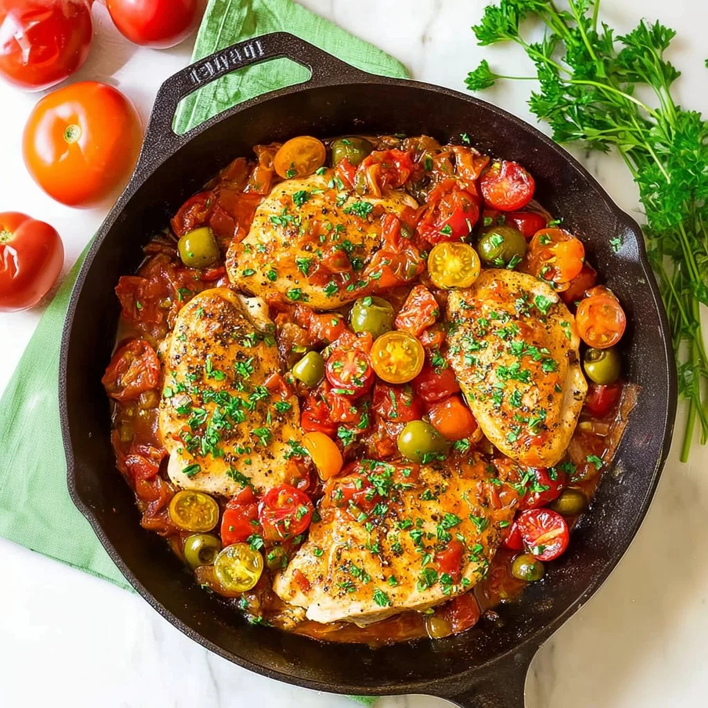 Juicy chicken breasts cooked with ripe tomatoes for a flavorful dish.