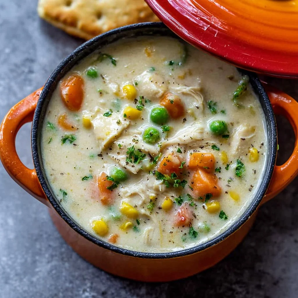 Delicious bowl of Chicken Pot Pie Soup garnished with herbs