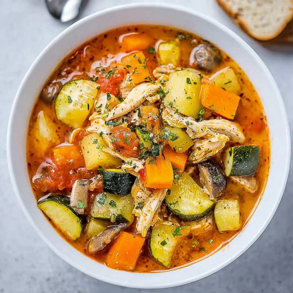 Bowl of chicken vegetable soup filled with fresh vegetables and tender chicken