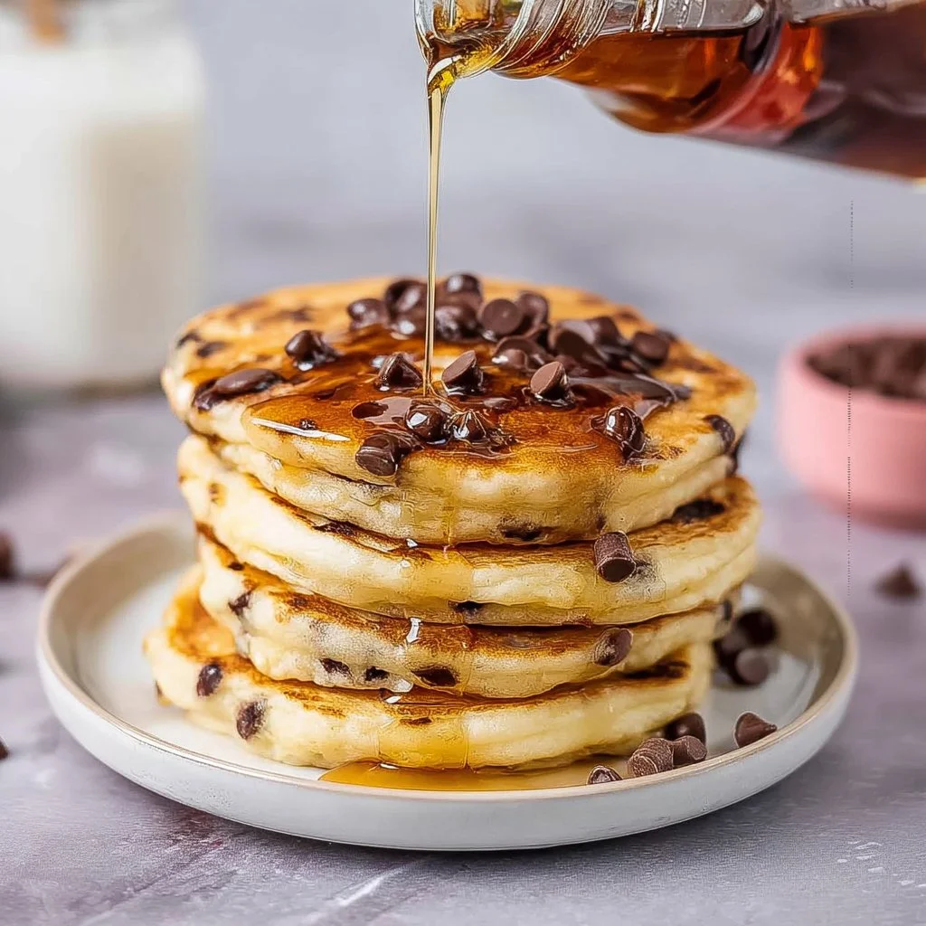 Fluffy chocolate chip pancakes stacked on a plate with syrup drizzle