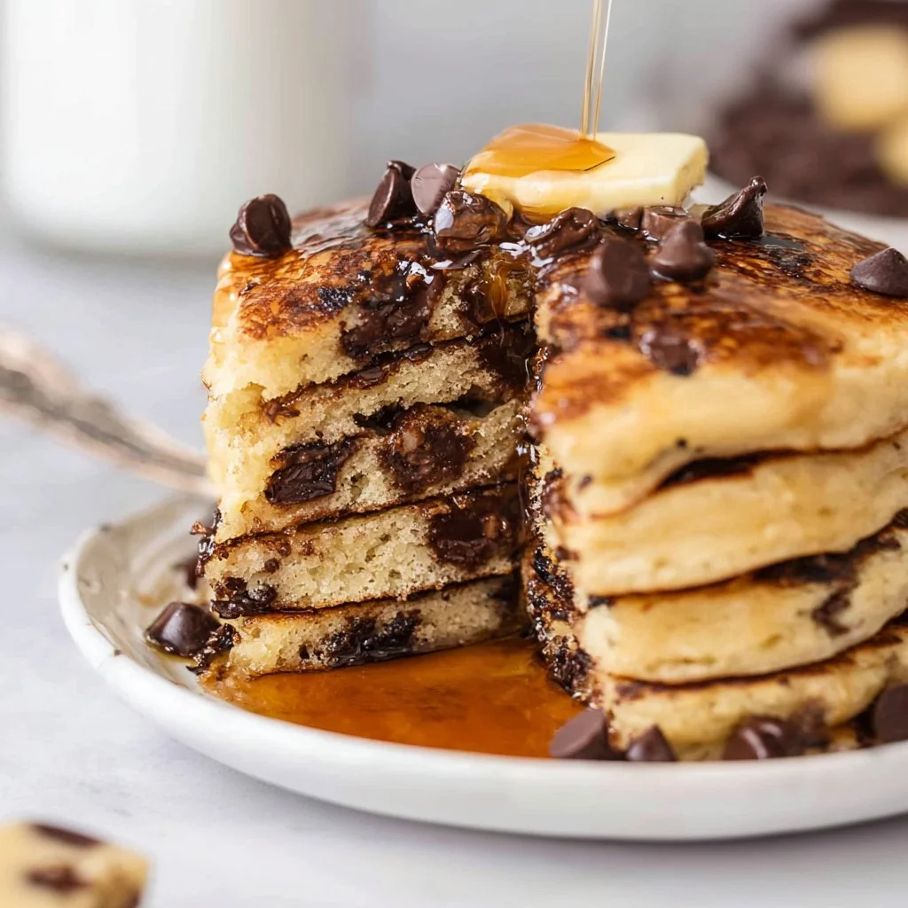 Deliciously fluffy chocolate chip pancakes stacked on a plate