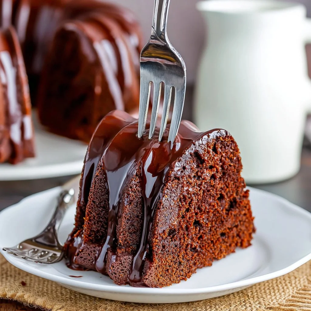 Delicious Chocolate Pudding Bundt Cake topped with chocolate glaze