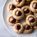 Classic Peanut Butter Blossoms cookies topped with chocolate kisses